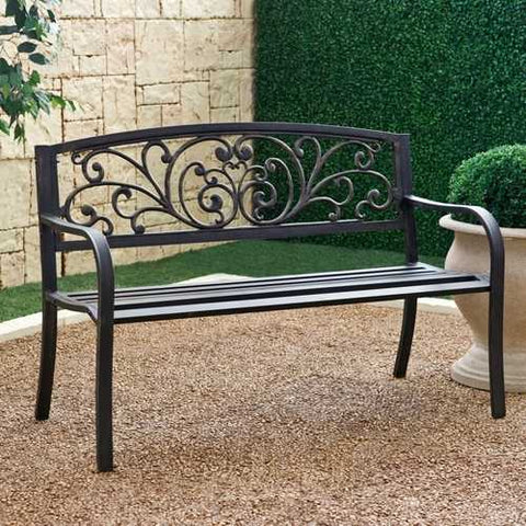 Image of Outdoor Garden Bench with Slatted Seat and Rustic Metal Finish