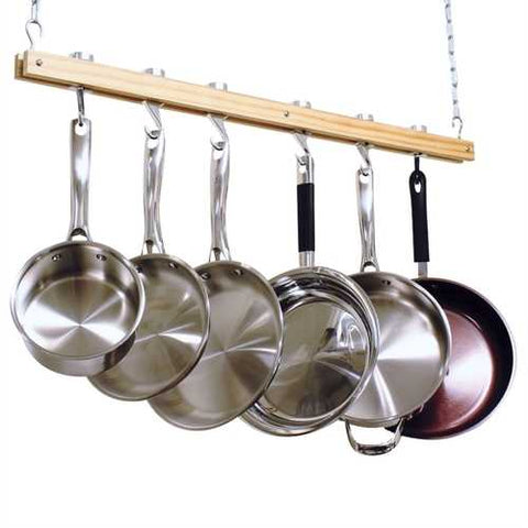 Image of Ceiling Mount Single Bar Wooden Pot Rack with 4 Pan Hooks