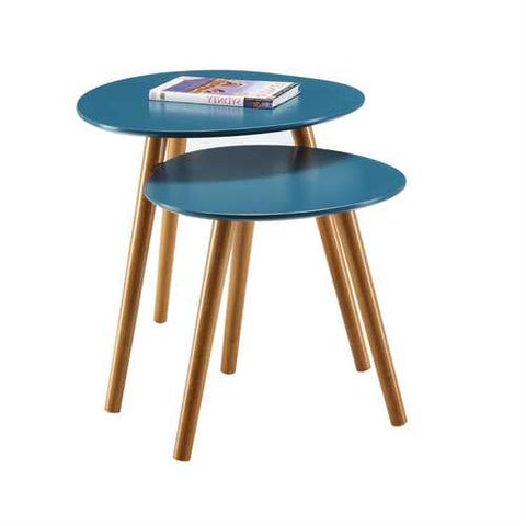 Image of Set of 2 - Mid Century Modern Nesting End Tables in Blue with Solid Wood Legs