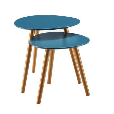 Image of Set of 2 - Mid Century Modern Nesting End Tables in Blue with Solid Wood Legs