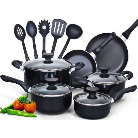 Image of 15-Piece Non-Stick Kitchen Cookware Set in Black