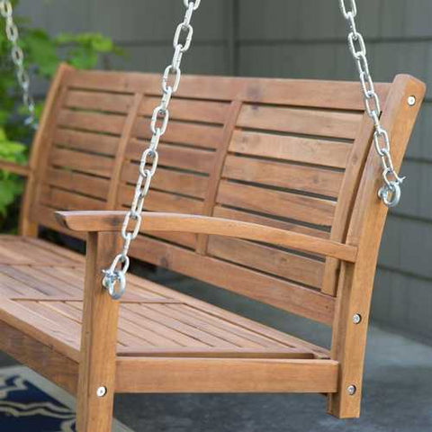 Image of Outdoor 5-Ft Slatted Porch Swing in Natural Acacia Wood with Hanging Chain