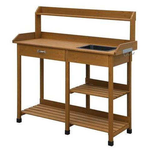 Image of Modern Garden Potting Bench Table with Sink Storage Shelves & Drawer