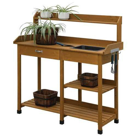 Image of Modern Garden Potting Bench Table with Sink Storage Shelves & Drawer