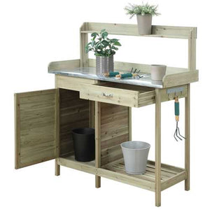 Natural Fir Wood Potting Bench with Stainless Steel Table Top