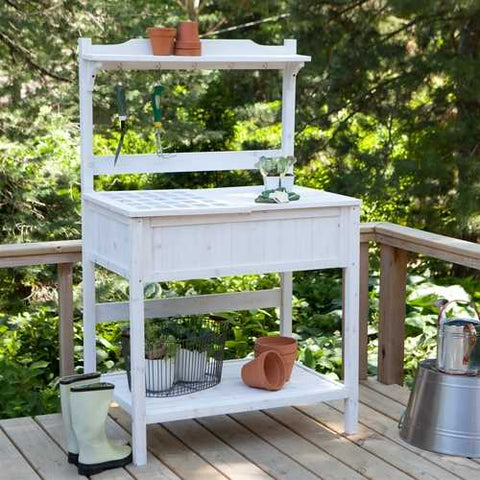 Image of White Potting Bench Home Gardening Station with Storage