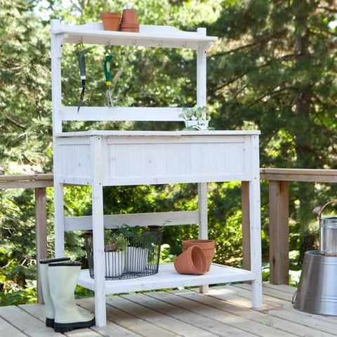 Image of White Potting Bench Home Gardening Station with Storage