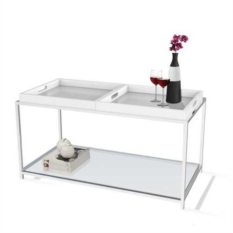 Image of Modern Chrome Metal Coffee Table with 2 White Removable Trays