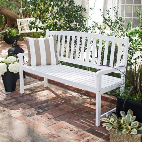 Image of 5-Ft Wood Garden Bench with Curved Slat Back and Armrests in White