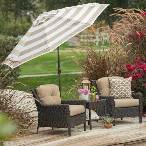 Image of 9-Ft Market Umbrella with Tilt and Crank with Beige and White Stripe Canopy