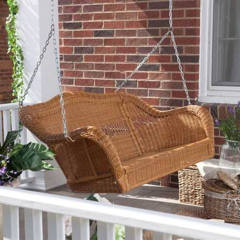 Image of Honey Resin Wicker Porch Swing with Comfort Spring and Hanging Hooks