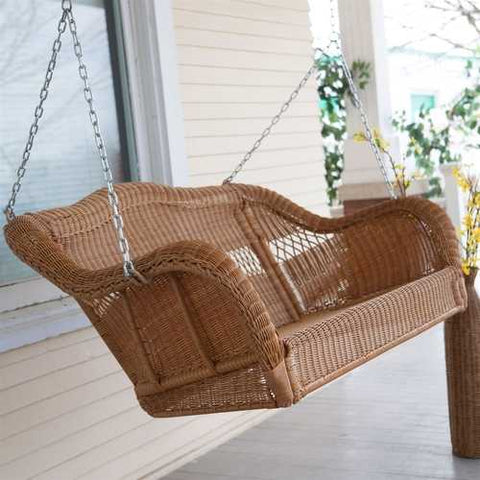 Image of Honey Resin Wicker Porch Swing with Comfort Spring and Hanging Hooks