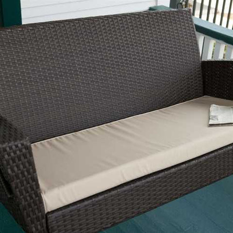 Image of Modern Dark Brown Resin Wicker Porch Swing with Khaki Seat Cushion