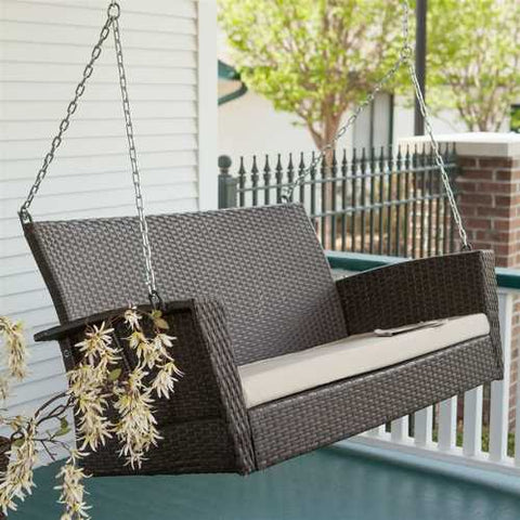 Image of Modern Dark Brown Resin Wicker Porch Swing with Khaki Seat Cushion