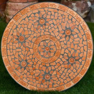 Round Outdoor Patio Bistro Table with Terracotta Mosaic Tiles and Black Metal Frame