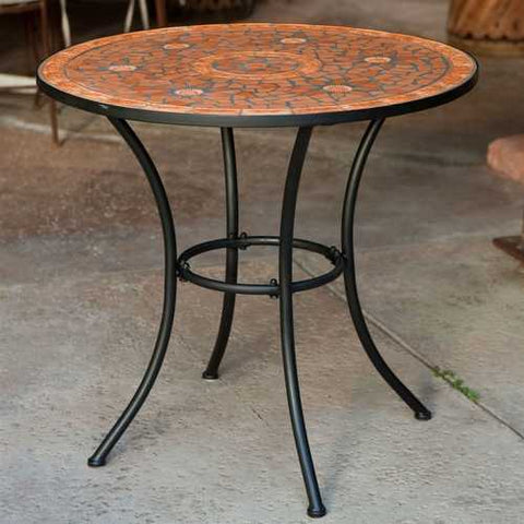 Image of Round Outdoor Patio Bistro Table with Terracotta Mosaic Tiles and Black Metal Frame