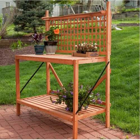 Image of Outdoor Weather-Resistant Fir Wood Potting Bench Garden Table with Lattice Back