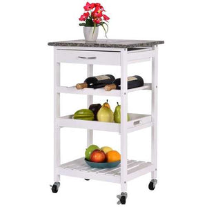 Rolling White Wood Granite Top Kitchen Island Cart