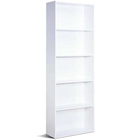 Image of Modern 5-Tier Bookcase Storage Shelf in White Wood Finish