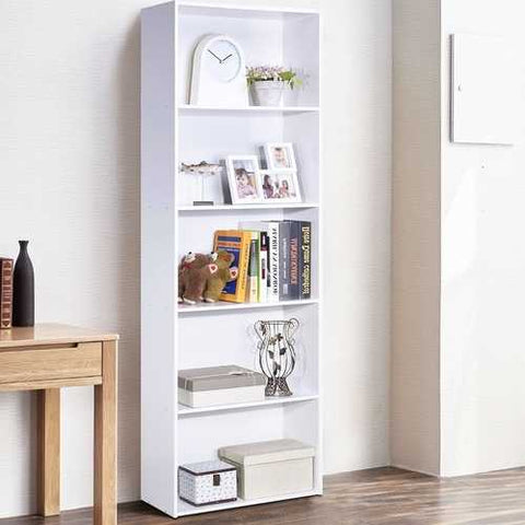 Image of Modern 5-Tier Bookcase Storage Shelf in White Wood Finish