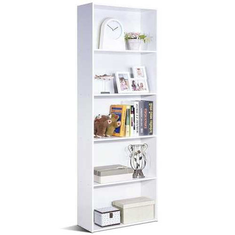 Image of Modern 5-Tier Bookcase Storage Shelf in White Wood Finish