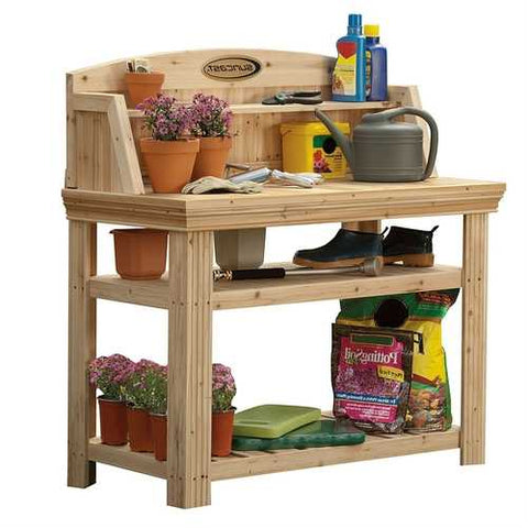 Image of Natural Cedar Wood Potting Bench Garden Work Table with Shelves