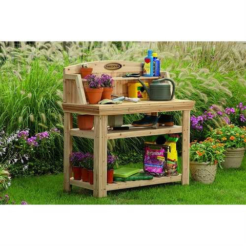 Image of Natural Cedar Wood Potting Bench Garden Work Table with Shelves