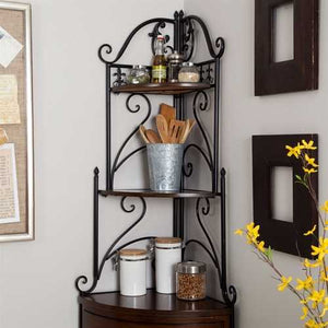 Corner Bakers Rack with Wrought Iron Frame and Wood Storage Shelves