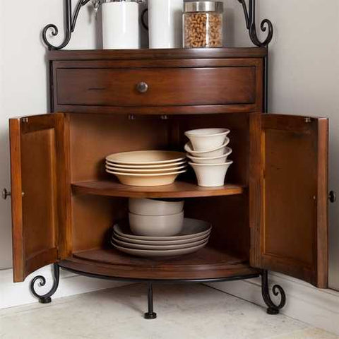 Image of Corner Bakers Rack with Wrought Iron Frame and Wood Storage Shelves