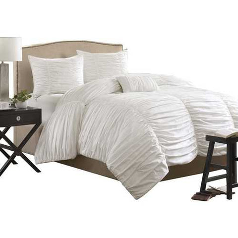 Image of King size 4 Piece Comforter Set in Rouched White Cotton & Microsuede