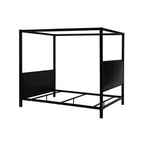 Queen size Metal Canopy Bed Frame with Black Faux Leather Headboard and Footboard