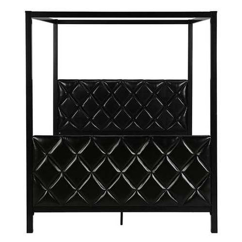 Image of Queen size Metal Canopy Bed Frame with Black Faux Leather Headboard and Footboard