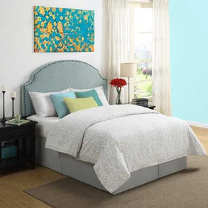 Full / Queen size Nailhead Upholstered Headboard in Soft Turquoise Linen Fabric