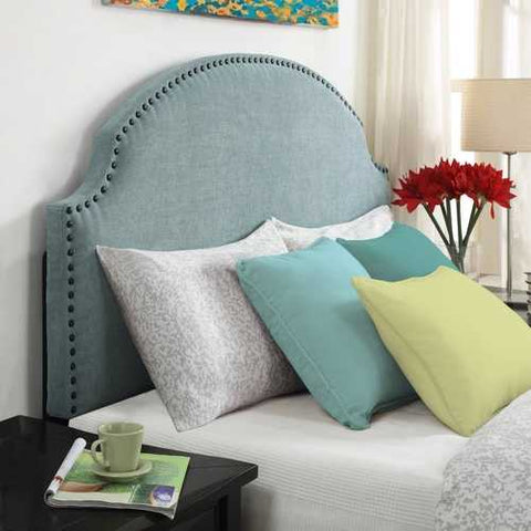 Image of Full / Queen size Nailhead Upholstered Headboard in Soft Turquoise Linen Fabric