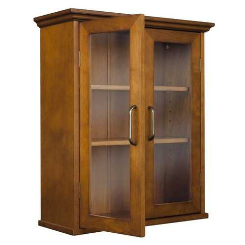 Image of Oak Finish Bathroom Wall Cabinet with Glass  2-Doors & Shelves