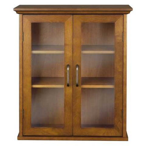 Image of Oak Finish Bathroom Wall Cabinet with Glass  2-Doors & Shelves