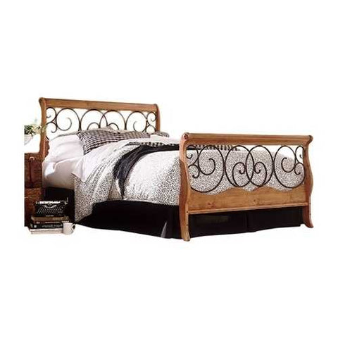 Image of Queen size Metal and Wood Sleigh Bed in Autumn Brown Honey Oak Finish