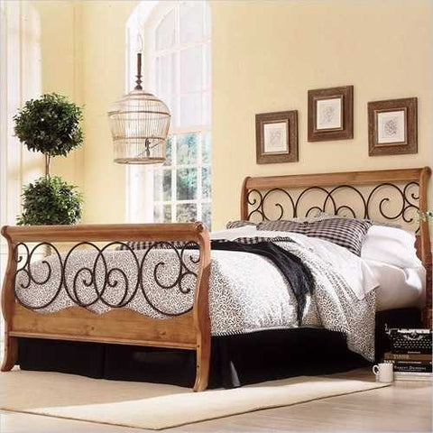 Image of Queen size Metal and Wood Sleigh Bed in Autumn Brown Honey Oak Finish