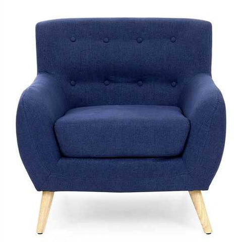 Image of Dark Blue Linen Upholstered Tufted Armchair with Modern Mid-Century Style Wood Legs