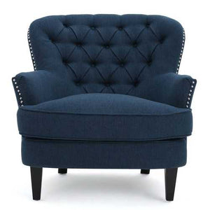 Dark Blue Mid-Century Tufted Upholstered Linen Armchair