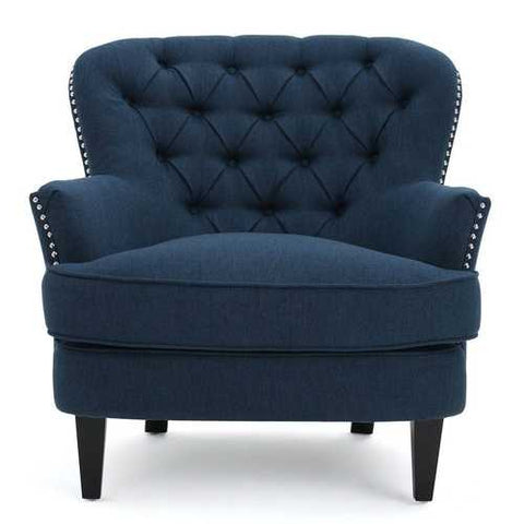 Image of Dark Blue Mid-Century Tufted Upholstered Linen Armchair