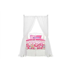 Twin size White Metal Canopy Bed with Heart Scroll Design