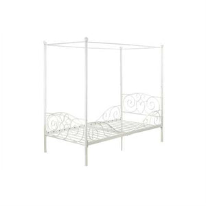 Twin size White Metal Canopy Bed with Heart Scroll Design