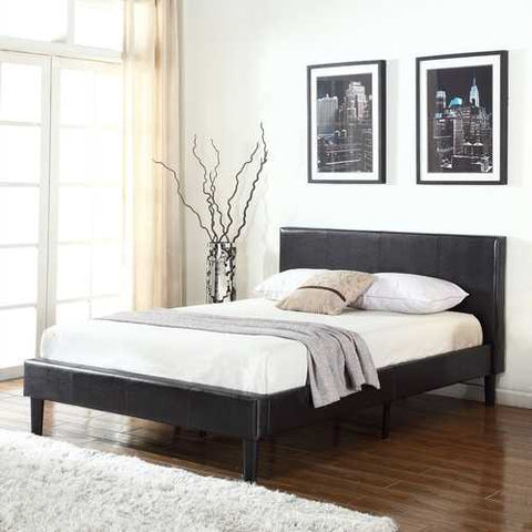 Image of Queen Dark Brown Espresso Faux Leather Upholstered Platform Bed with Padded Headboard