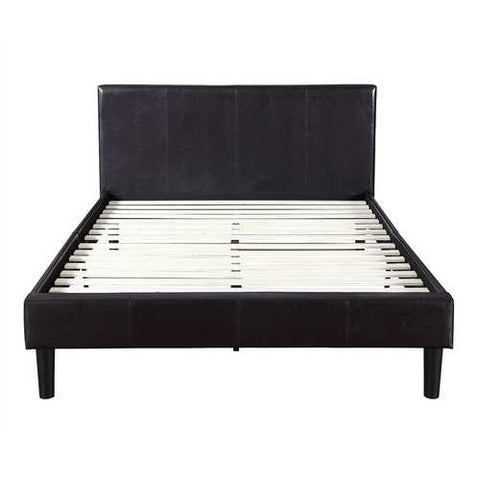 Image of Queen Dark Brown Espresso Faux Leather Upholstered Platform Bed with Padded Headboard