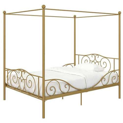 Image of Full size Heavy Duty Metal Canopy Bed Frame in Gold Finish