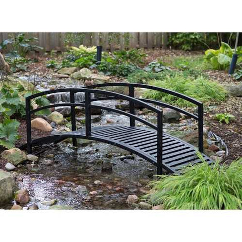 Image of Modern 8-Ft Metal Garden Bridge with Arched Rails in Black Powder Coated Steel