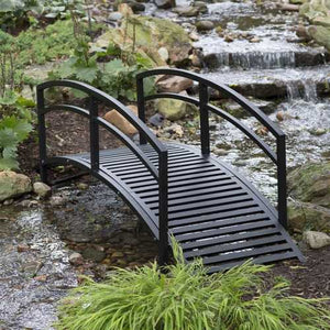 Modern 8-Ft Metal Garden Bridge with Arched Rails in Black Powder Coated Steel