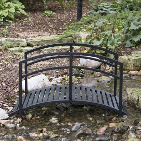 Image of Contemporary Outdoor 4-Ft Metal Garden Bridge in Black Steel with Side Rails