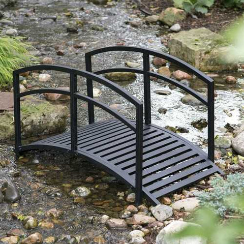 Image of Contemporary Outdoor 4-Ft Metal Garden Bridge in Black Steel with Side Rails